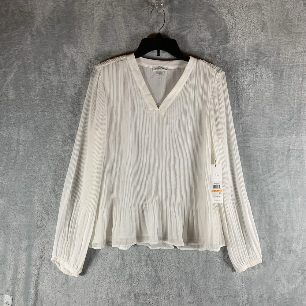 Calvin Klein Women's Blouse Top S Pleated Long Sleeve V Neck Sheer Lining Peplum